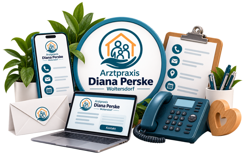 Grafik: Praxislogo „Arztpraxis Diana Perske, Woltersdorf“ auf einem runden Schild, umgeben von Smartphone und Laptop mit den Kontaktwegen der Praxis, Briefumschlag, Telefon, Klemmbrett mit Symbolen für Telefon, E-Mail, Standort und Termin sowie einem Holzherz