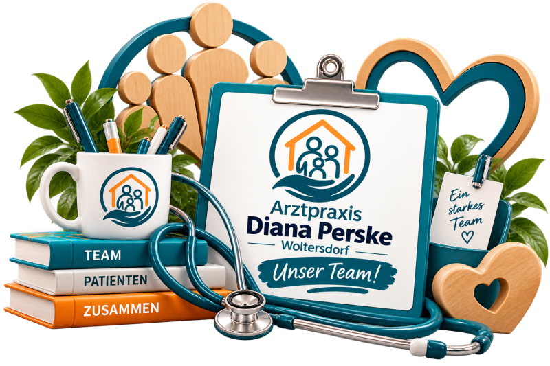 Grafik: Klemmbrett mit dem Praxislogo „Arztpraxis Diana Perske, Woltersdorf – Unser Team!“, davor ein Stethoskop, Bücher mit den Titeln „Team“, „Patienten“ und „Zusammen“, eine Tasse mit dem Praxislogo und eine Karte „Ein starkes Team“
